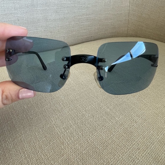 Vintage Chanel Black Matte Metal Frameless Blue Lense Sunglasses with Case - Picture 6 of 13